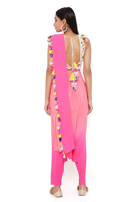 Payal Singhal_Coral Crepe Embroidery Thread V Neck Shaded Dhoti Saree With Choli _Online_at_Aza_Fashions