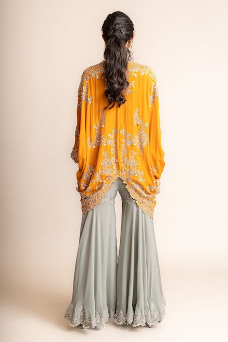 Shop_Nupur Kanoi_Orange Crepe Studs, Pearls, Hand Embroidered Kite Tunic With Bias Gharara _at_Aza_Fashions