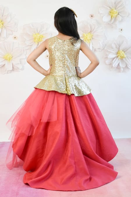 Buy_Fayon Kids_Coral Net, Silk Sequins Embroidered High-low Gown _Online_at_Aza_Fashions