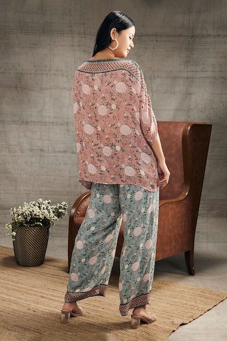 Shop_Soup By Sougat Paul_Peach Cotton Embroidery, Sequins Boat Neck Vintage Trail Top And Pant Set _at_Aza_Fashions