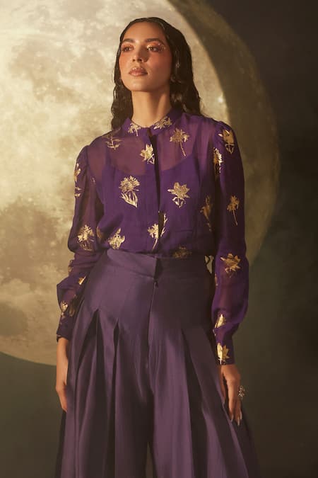 Shop Dohr India Purple Organza, Silk, Cotton Foil Printing, Embroidery Printed Shirt And Pant Set at Aza Fashions Shop_Dohr India_Purple Organza, Silk, Cotton Foil Printing, Embroidery Printed Shirt And Pant Set _at_Aza_Fashions