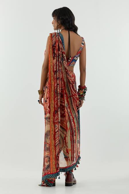 Shop Aseem Kapoor Multi Color Organza Tassels Sadhvi Paisley Print Dhoti Saree at Aza Fashions Shop_Aseem Kapoor_Multi Color Organza Tassels Sadhvi Paisley Print Dhoti Saree_at_Aza_Fashions