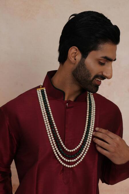 Shop Ruby Raang Green Bead And Pearl Layered Necklace at Aza Fashions Shop_Ruby Raang_Green Bead And Pearl Layered Necklace _at_Aza_Fashions