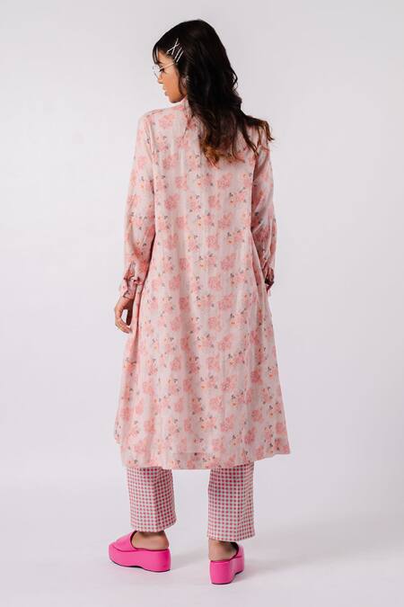 Shop_Tussah by Siddhi Shah_Peach Shirt Moss Cotton Printed Floral And Checkered & Pant Set  _at_Aza_Fashions