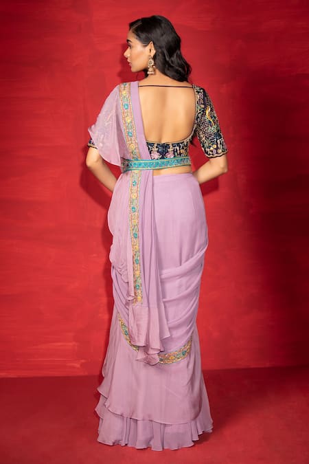 Buy_Miku Kumar_Purple Silk, Georgette Zardozi Work V Neck Pre-draped Ruffle Saree With Blouse_Online_at_Aza_Fashions