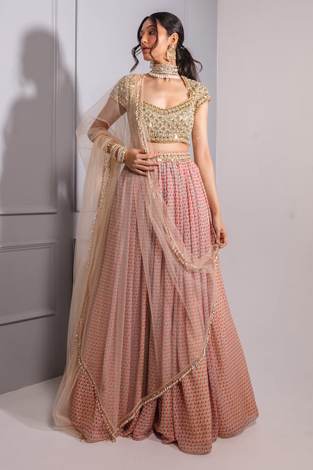Shop Ria Shah Label Multi Color Polyester Embroidery, Sequins V-neck Floral Print Lehenga Set at Aza Fashions Shop_Ria Shah Label_Multi Color Polyester Embroidery, Sequins V-neck Floral Print Lehenga Set _at_Aza_Fashions