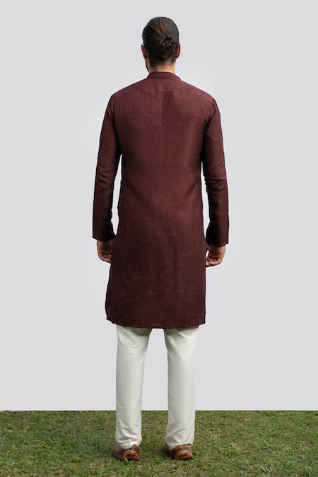 Shop Kaka Calcutta Wine Cotton, Silk Beads Placement Embroidered Kurta Set at Aza Fashions Shop_Kaka Calcutta_Wine Cotton, Silk Beads Placement Embroidered Kurta Set _at_Aza_Fashions