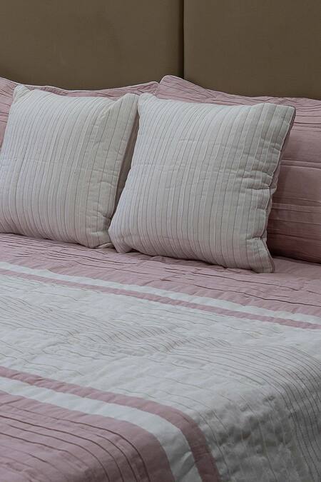 Shop H2h Pink Linen Victoria Stripe Print Bed Cover Set at Aza Fashions Shop_H2h_Pink Linen Victoria Stripe Print Bed Cover Set_at_Aza_Fashions