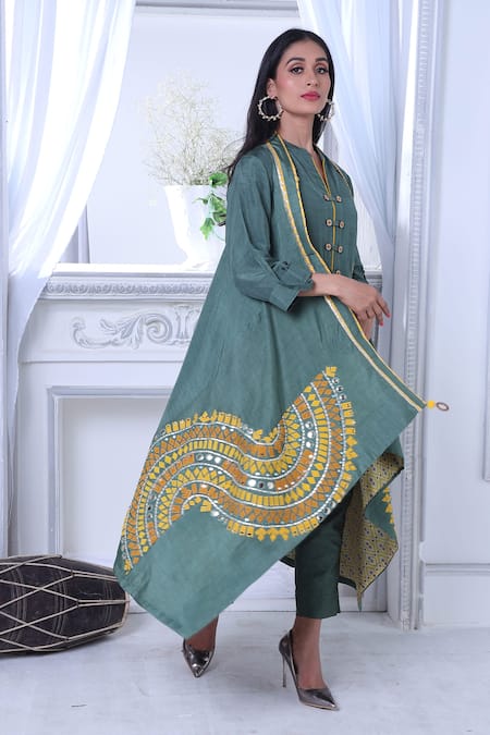 Shop Sunita Nagi Grey Dupion Embroidered Thread Jacket Open Applique And Mirror Pant Set at Aza Fashions Shop_Sunita Nagi_Grey Dupion Embroidered Thread Jacket Open Applique And Mirror Pant Set _at_Aza_Fashions