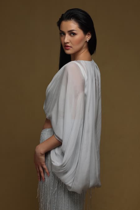 Shop_Shriya Som_Blue Chiffon Beads Split V-neck Pleated Draped Blouson _at_Aza_Fashions