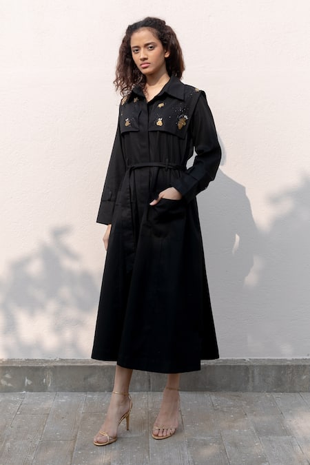 Shop Kavya Singh Kundu Black Cotton Collared Downing Coat Dress at Aza Fashions Shop_Kavya Singh Kundu_Black Cotton Collared Downing Coat Dress _at_Aza_Fashions