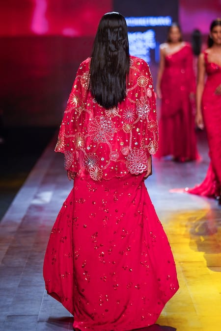 Nachiket Barve Embroidered Red Cape & Draped Gown Set 