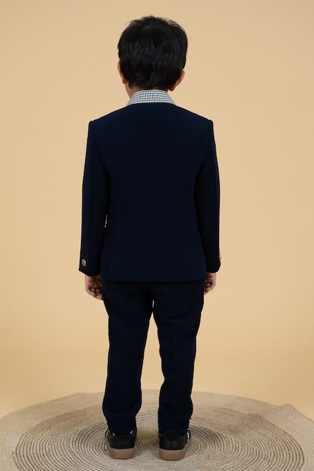 Shop_Little Boys Closet_Blue Polyester, Cotton Houndstooth Pattern Panelled Blazer Set _at_Aza_Fashions