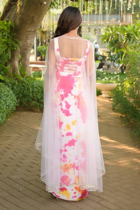 Shop_Disha Kahai_Pink Cotton Satin, Net Gota Patti, Embroidery Tie-dye Pattern Dress With Cape_at_Aza_Fashions