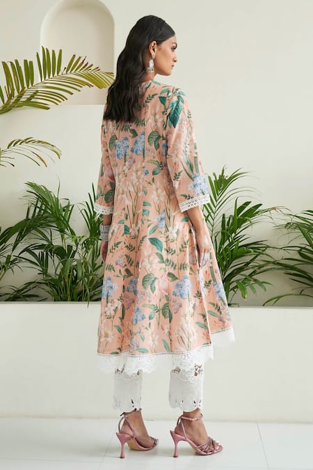 Shop_Sage Saga_Peach Chanderi, Linen, Lace Lace, Blossom Print Panelled Anarkali Palazzo Set _at_Aza_Fashions