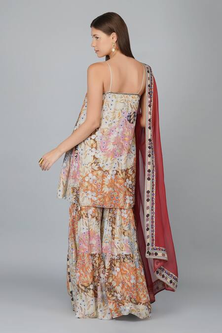 Shop_Devyani Mehrotra_Multi Color Viscose Muslin Printed Melange Scoop Neck Kurta Gharara Set_at_Aza_Fashions