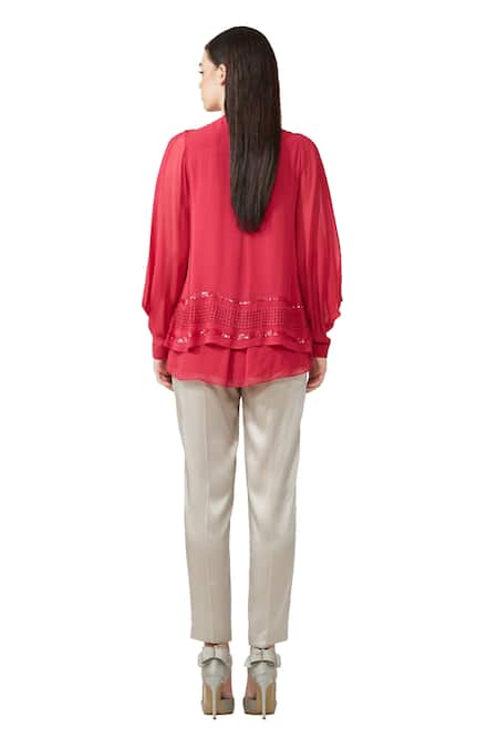 Shop Rohit Gandhi + Rahul Khanna Pink Silk Georgette Embellished Sequin V Neck Swing Top at Aza Fashions Shop_Rohit Gandhi + Rahul Khanna_Pink Silk Georgette Embellished Sequin V Neck Swing Top _at_Aza_Fashions