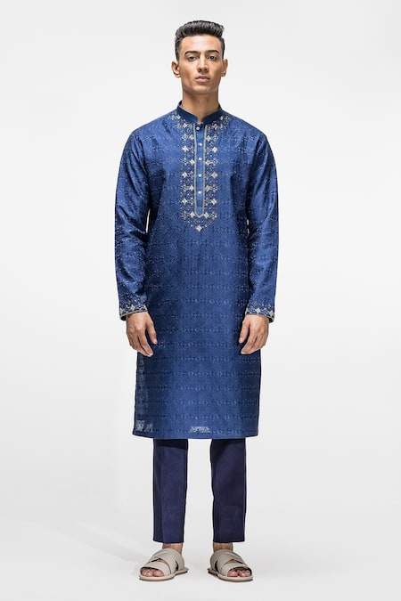 Shop Asuka Blue Chanderi Silk Embroidery French Knots Kurta Set at Aza Fashions Shop_Asuka_Blue Chanderi Silk Embroidery French Knots Kurta Set _at_Aza_Fashions