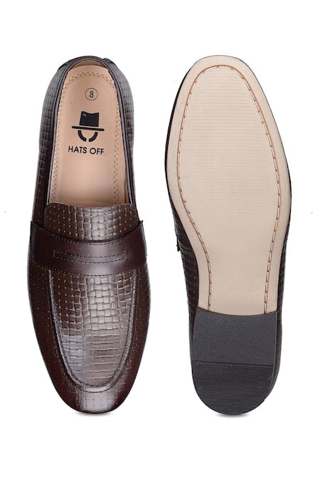 Shop Hats Off Accessories Brown Genuine Leather Woven Moccassins Penny Loafers at Aza Fashions Shop_Hats Off Accessories_Brown Genuine Leather Woven Moccassins Penny Loafers_at_Aza_Fashions