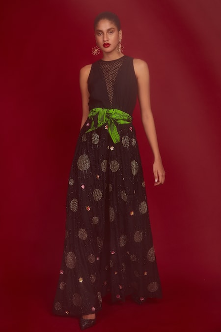 Shop_Nandita Thirani_Black Organza And Silk Blend Polyester Embroidery Wide Legged Jumpsuit  _at_Aza_Fashions