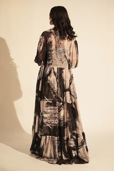 Shop_Nikita Mhaisalkar_Black Georgette Beads Open Neck Brush Stroke Print Jacket _at_Aza_Fashions