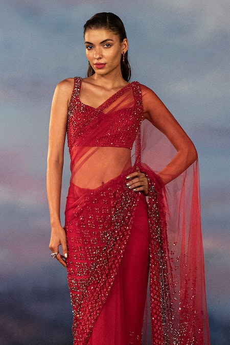 Shop Rohit Gandhi + Rahul Khanna Maroon Tulle Crystals, Metallic Mystic Hematite Embroidered Saree With Blouse at Aza Fashions Shop_Rohit Gandhi + Rahul Khanna_Maroon Tulle Crystals, Metallic Mystic Hematite Embroidered Saree With Blouse _at_Aza_Fashions
