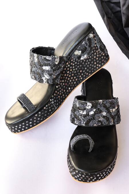 Shop_LA Fiza_Black Embroidery Aizah Bead Wedges_at_Aza_Fashions