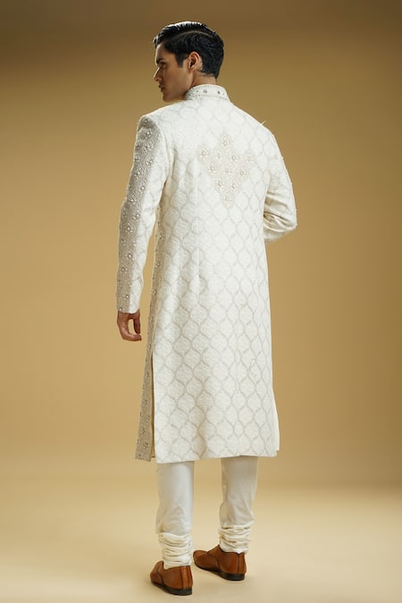 Shop Kommal Sood Off White Georgette, Cotton Embroidery Jaal Sherwani Set at Aza Fashions Shop_Kommal Sood_Off White Georgette, Cotton Embroidery Jaal Sherwani Set _at_Aza_Fashions