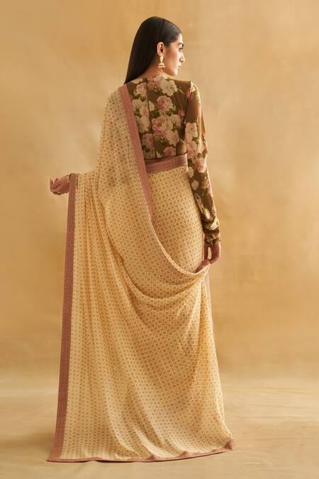 Shop_Taisha_Multi Color Georgette, Satin Zari, Floral Printed Sequin Embellished Saree Set _at_Aza_Fashions