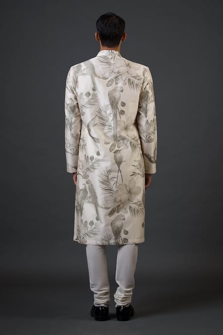 Shop_Balance By Rohit Bal_Ivory Chanderi Silk Bird And Floral Print Kurta Set _at_Aza_Fashions