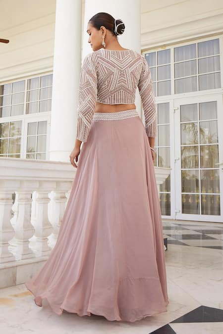Shop_Charu And Vasundhara_Pink Net, Organza Cut Work, Sequins, Skye Waistband Embroidered Lehenga Set _at_Aza_Fashions