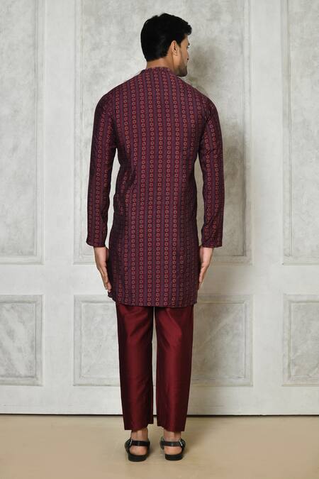 Shop Samyukta Singhania Maroon Cotton Silk Printed Floral Stripe Short Kurta at Aza Fashions Shop_Samyukta Singhania_Maroon Cotton Silk Printed Floral Stripe Short Kurta_at_Aza_Fashions