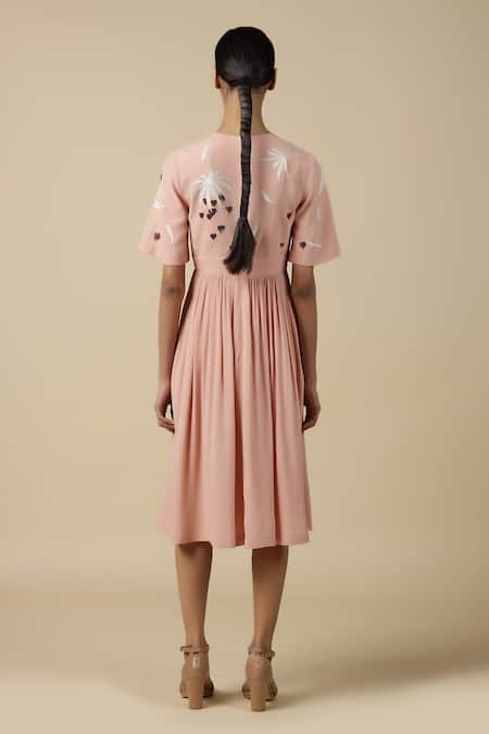 Shop Shahin Mannan Peach Viscose, Crepe Embroidery Round Neck Leaf And Fruit Gathered Dress at Aza Fashions Shop_Shahin Mannan_Peach Viscose, Crepe Embroidery Round Neck Leaf And Fruit Gathered Dress _at_Aza_Fashions