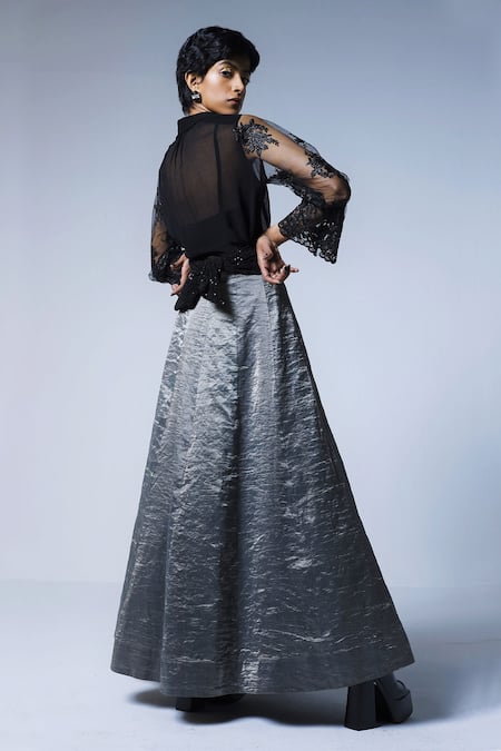 Shop Shorshe Clothing Grey Handloom Cotton Tissue Panelled Skirt at Aza Fashions Shop_Shorshe Clothing_Grey Handloom Cotton Tissue Panelled Skirt _at_Aza_Fashions