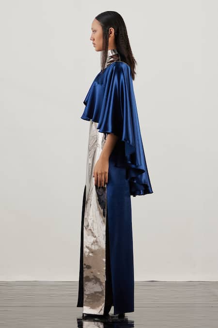 Shop Akhl Silver Satin, Polyester Zari, Sequins Mandarin Metallic Slit Gown With Cape at Aza Fashions Shop_Akhl_Silver Satin, Polyester Zari, Sequins Mandarin Metallic Slit Gown With Cape _at_Aza_Fashions