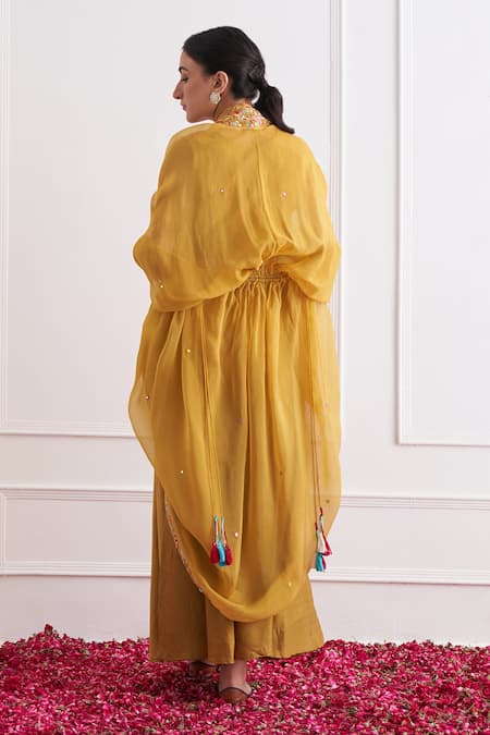 Shop_Shipraa Grover_Yellow Chanderi, Organza Tassels, Embroidery V-neck Floral Cape And Skirt Set _at_Aza_Fashions