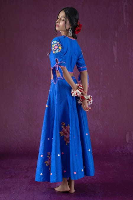 Shop Kacha Tanka Blue Dupion Art Silk Embroidery Floral Mirror Embellished Crop Top And Lehenga Set at Aza Fashions Shop_Kacha Tanka_Blue Dupion Art Silk Embroidery Floral Mirror Embellished Crop Top And Lehenga Set _at_Aza_Fashions