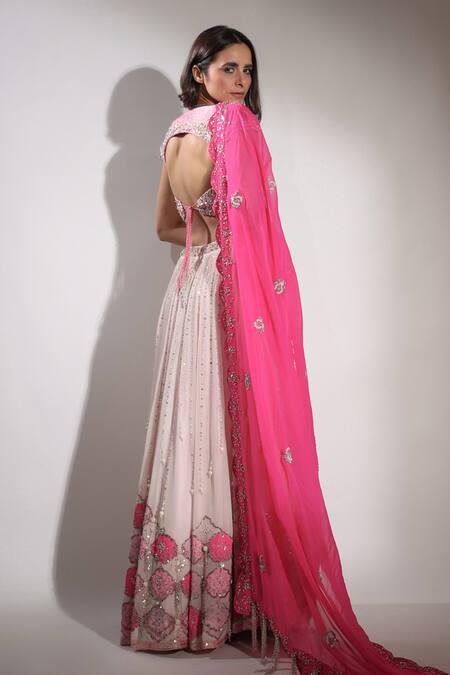 Shop Pallavi Jaipur Pink Blouse Chanderi, Lehenga And Dupatta Organza, Lining Embroidered Set at Aza Fashions Shop_Pallavi Jaipur_Pink Blouse Chanderi, Lehenga And Dupatta Organza, Lining Embroidered Set_at_Aza_Fashions
