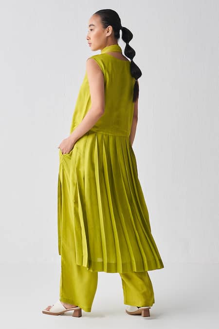 Shop Three Green Tunic Crepe V Neck Waist Pleated And Pant Set at Aza Fashions Shop_Three_Green Tunic Crepe V Neck Waist Pleated And Pant Set _at_Aza_Fashions