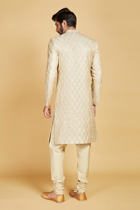 Shop Amrin Khan Pant Silk, Sherwani Tissue Quatrefoil And Flower Pattern Set at Aza Fashions Shop_Amrin Khan_Pant Silk, Sherwani Tissue Quatrefoil And Flower Pattern Set _at_Aza_Fashions