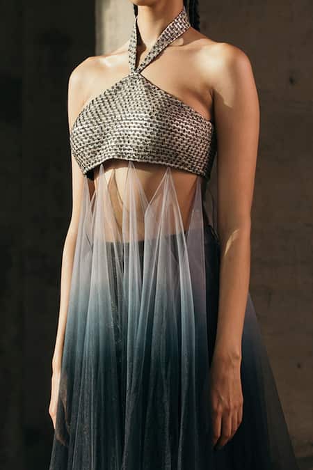 Shop_Akhl_Gold Silk, Tulle, Linen, Leather Halter Neck Ombre Top _at_Aza_Fashions