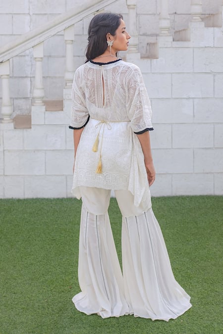 Shop_Monk & Mei By Sonia Anand_White Georgette Tassels, Zari V-neck Floral Embroidered Kaftan And Sharara Set _at_Aza_Fashions