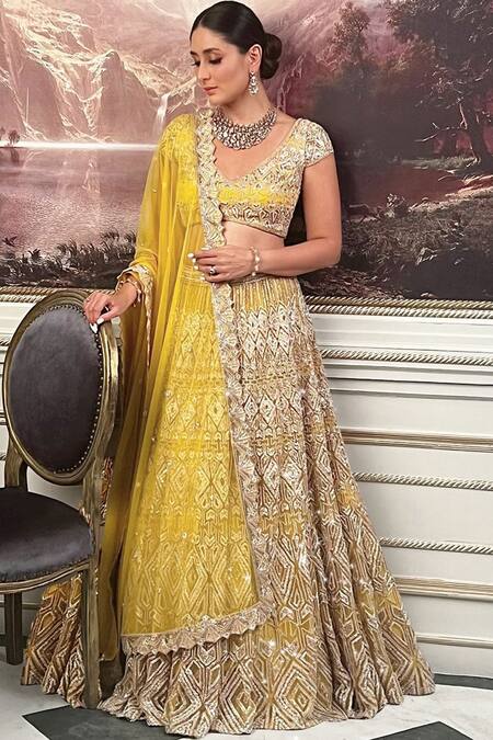 Shop_Ritika Mirchandani_Yellow Crepe Silk Embroidery Bead Leaf Geometric Bridal Lehenga Set  _at_Aza_Fashions