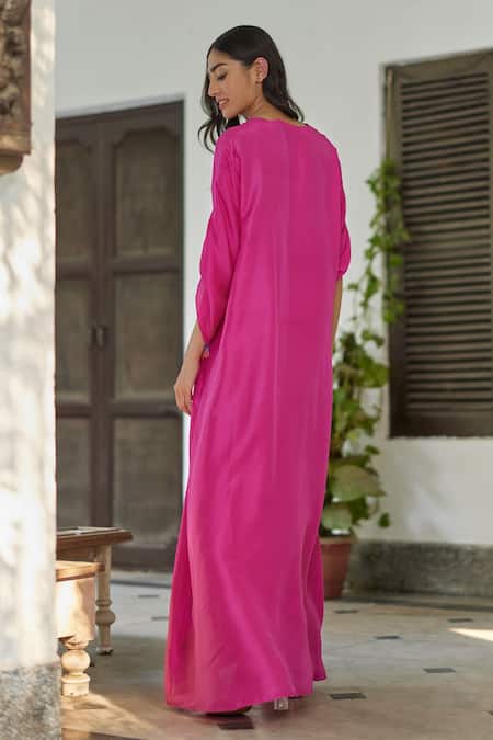 Shop_Betrue_Pink Silk V-neck Gathered Sleeve Dress _at_Aza_Fashions