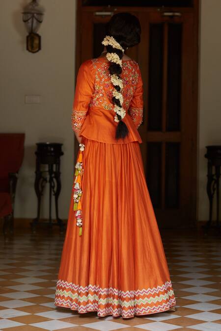 Shop Vashisht Guru Dutt Orange Handloom Chanderi, Raw Silk And Tissue Floral, Chevron Border Lehenga Set at Aza Fashions Shop_Vashisht Guru Dutt_Orange Handloom Chanderi, Raw Silk And Tissue Floral, Chevron Border Lehenga Set _at_Aza_Fashions