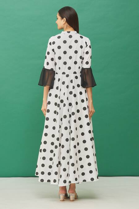 Shop Samyukta Singhania White Cotton Printed Polka Dots Keyhole Neck Dress at Aza Fashions Shop_Samyukta Singhania_White Cotton Printed Polka Dots Keyhole Neck Dress_at_Aza_Fashions