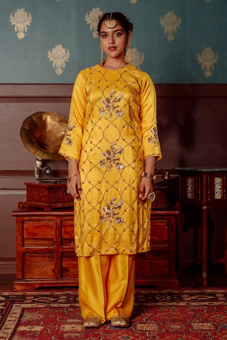 Shop_Lahario_Yellow , Organza, Denim Pearls, Zardozi Embroidered Kurta Palazzo Set _at_Aza_Fashions