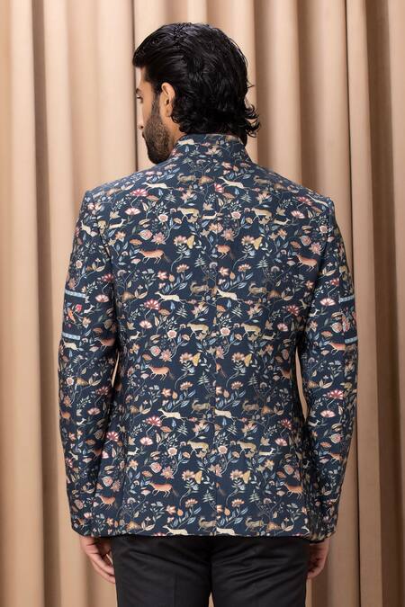 Shop_Ankit V Kapoor_Blue Cotton, Silk Amaani Botanical Print Bandhgala Set _at_Aza_Fashions