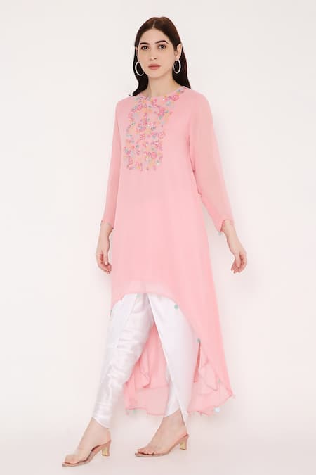 Shop Bha Sha Pink Georgette, Silk Satin Sequins, Payal Embroidered Tunic And Dhoti Pant Set at Aza Fashions Shop_Bha Sha_Pink Georgette, Silk Satin Sequins, Payal Embroidered Tunic And Dhoti Pant Set _at_Aza_Fashions