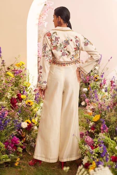 Shop_Chandrima_Ivory Chanderi Embroidered Floral Cut And Thread Placement Pant _at_Aza_Fashions